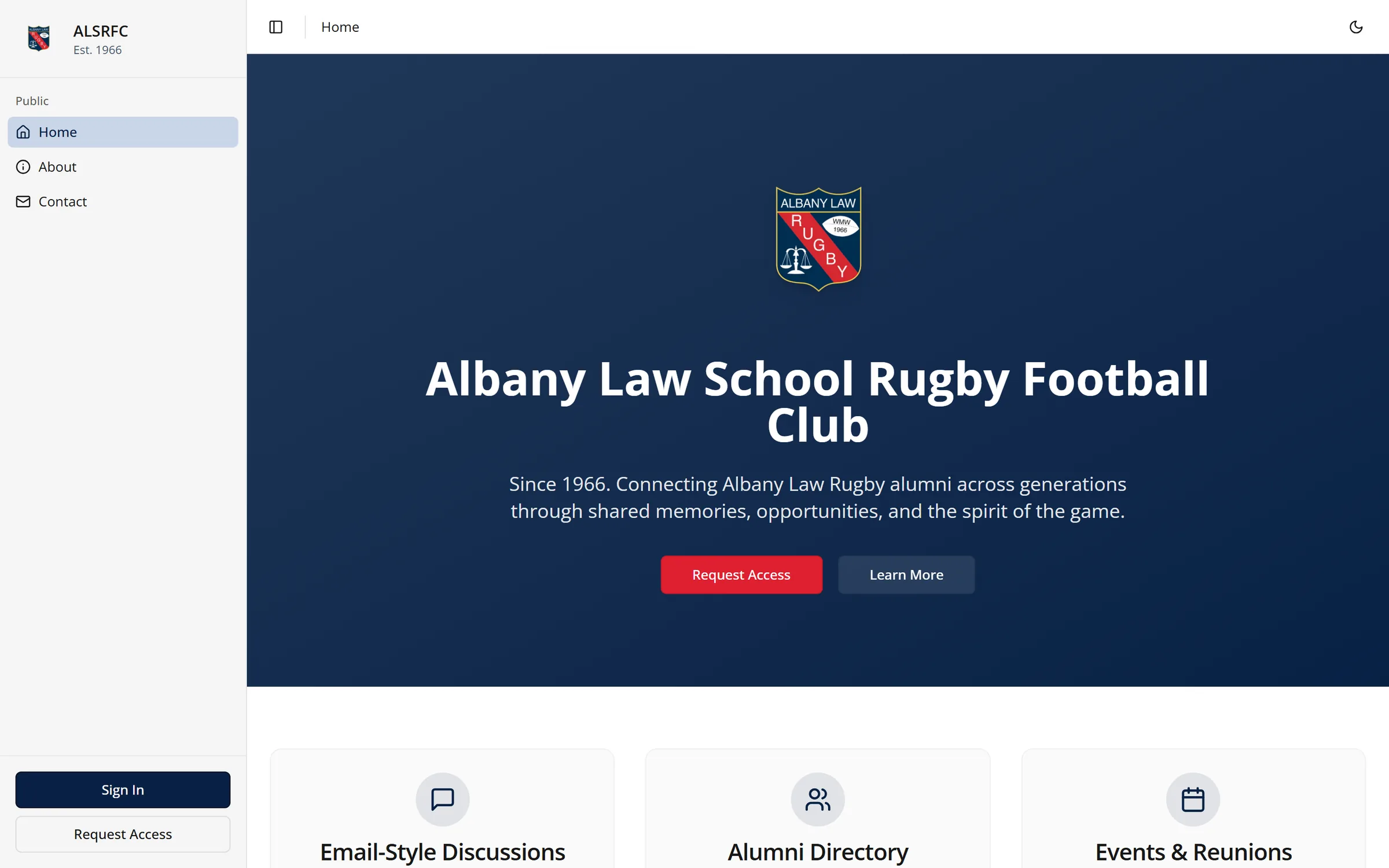 Albany Law School Rugby Football Club alumni site home page.